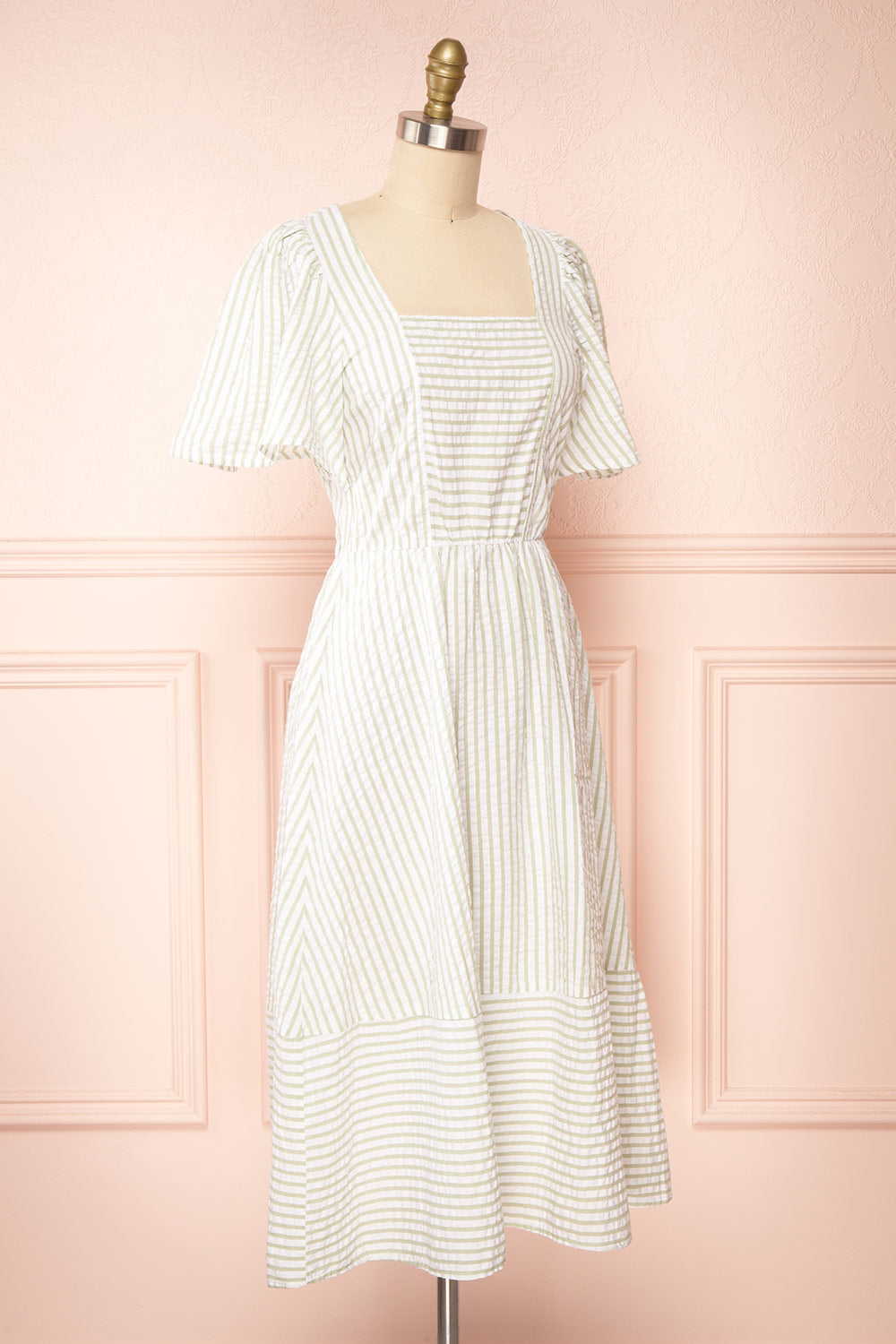 Heidi Sage Striped Midi Dress w/ Square Neckline | Boutique 1861 side view