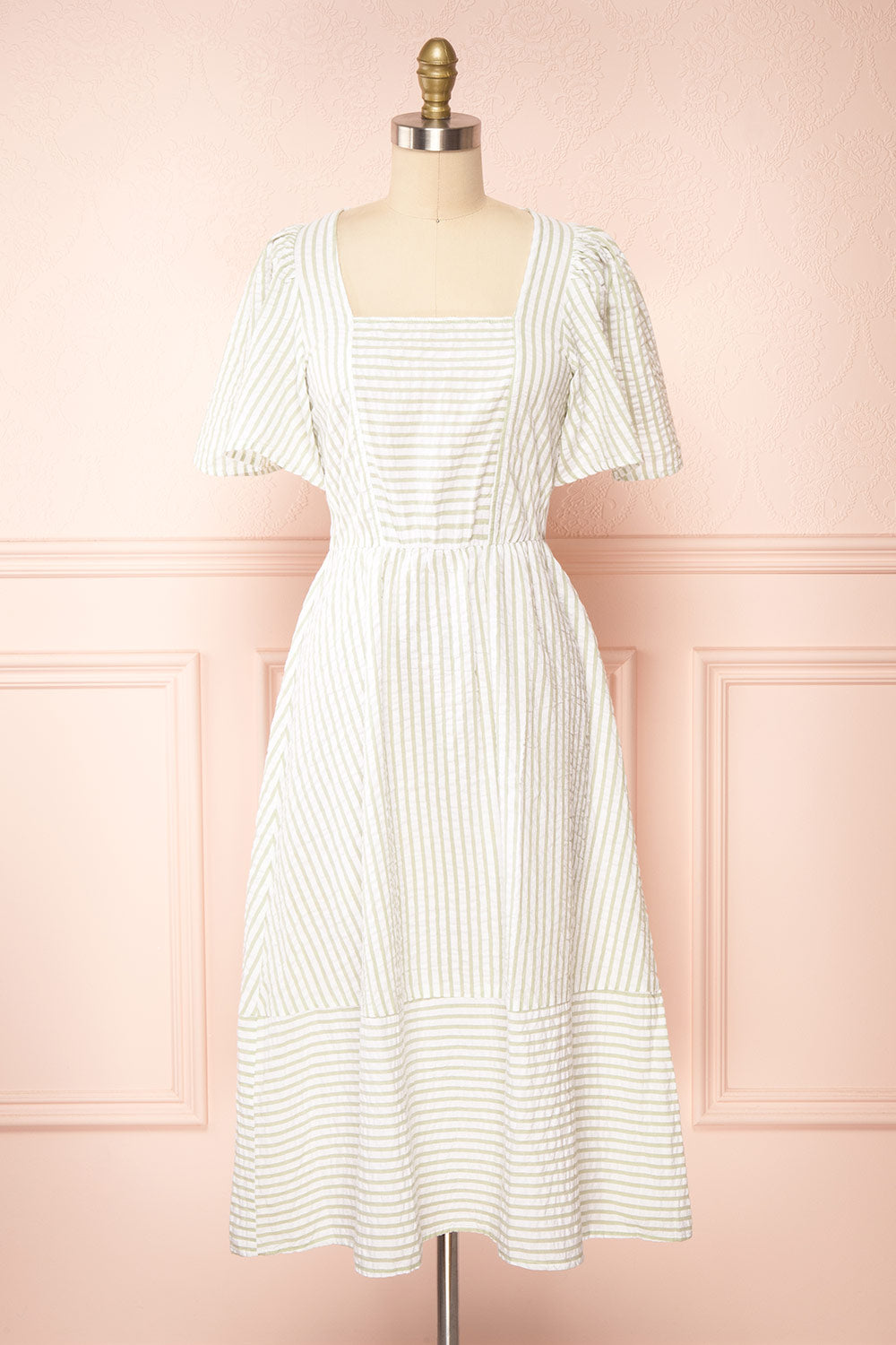 Heidi Sage Striped Midi Dress w/ Square Neckline | Boutique 1861 front view