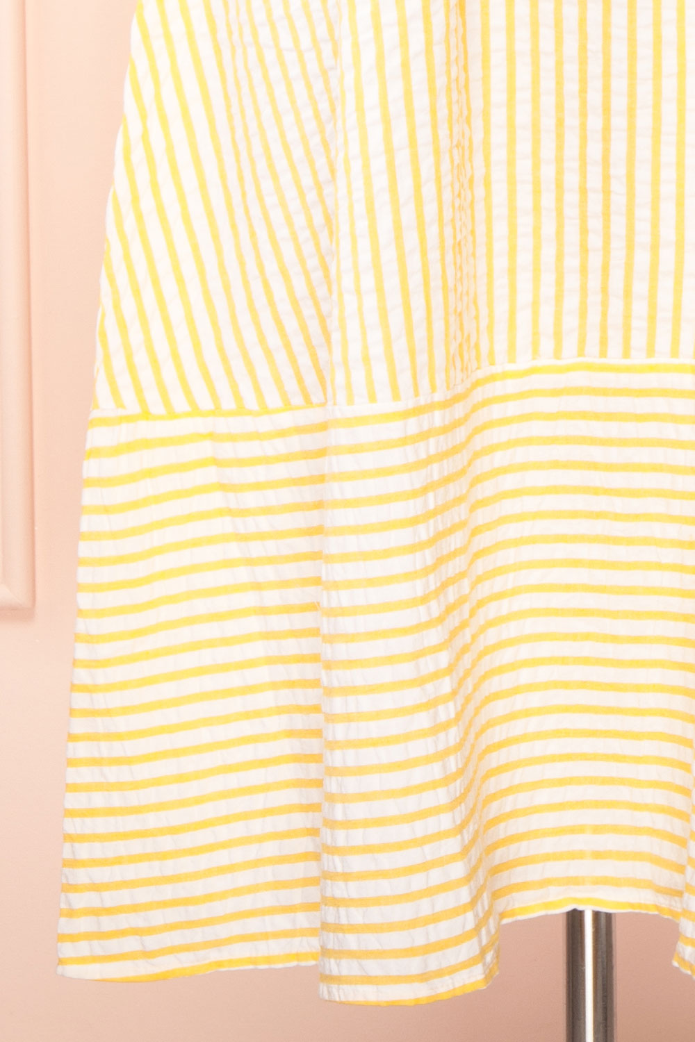 Heidi Yellow Striped Midi Dress w/ Square Neckline | Boutique 1861 bottom close-up