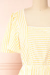 Heidi Yellow Striped Midi Dress w/ Square Neckline | Boutique 1861 front close-up