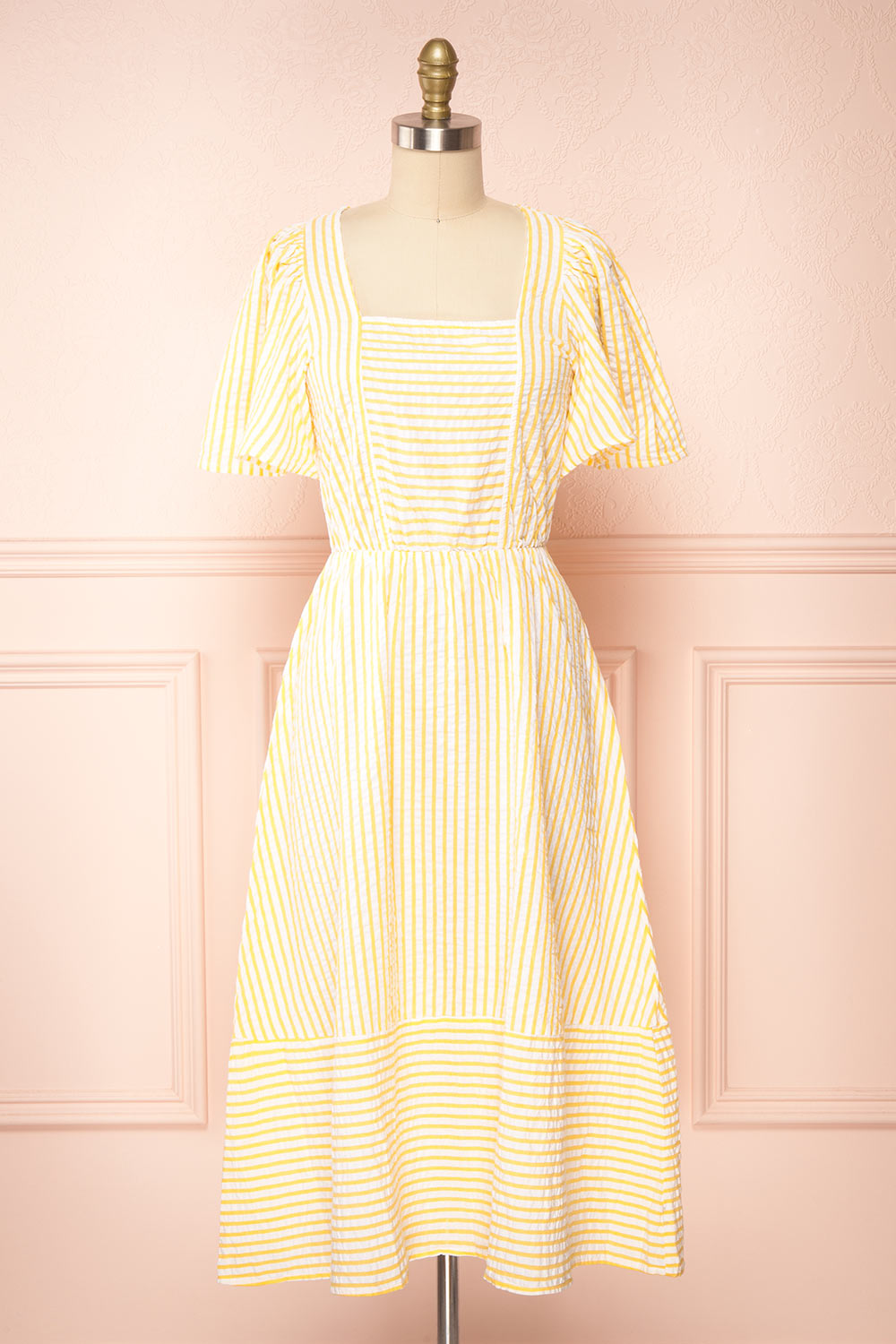 Heidi Yellow Striped Midi Dress w/ Square Neckline | Boutique 1861 front view