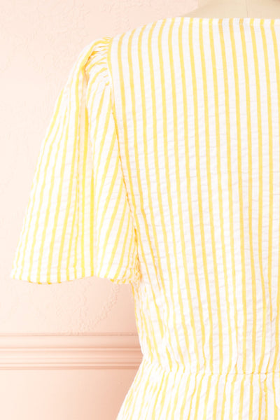 Heidi Yellow Striped Midi Dress w/ Square Neckline | Boutique 1861 back close-up