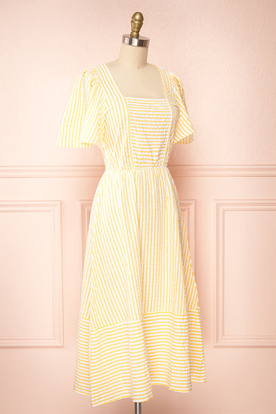 Heidi Yellow Striped Midi Dress w/ Square Neckline | Boutique 1861 side view