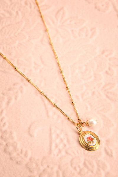 Helene Alarie Gold & Pearls Rose Pendant Necklace | Boutique 1861 flat view