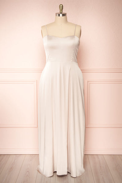 Hellee Cream Beige Silky Maxi Dress | Boudoir 1861 front plus