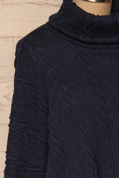 Hellen Navy Blue Cropped Knit Sweater | La petite garçonne side close-up