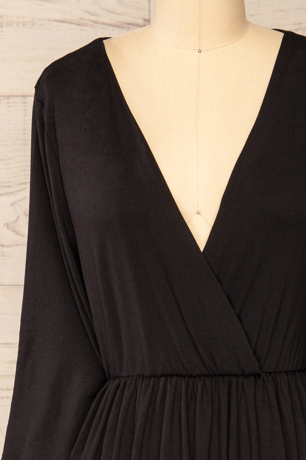 Hemili Black Wrap Neckline Short Dress | La petite garçonne front close-up