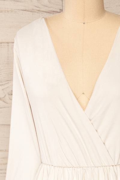 Hemili Cream Wrap Neckline Short Dress | La petite garçonne front close-up