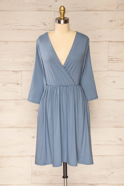 Hemili Dark Blue Wrap Neckline Short Dress | La petite garçonne front view
