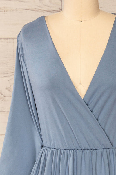 Hemili Dark Blue Wrap Neckline Short Dress | La petite garçonne front close-up