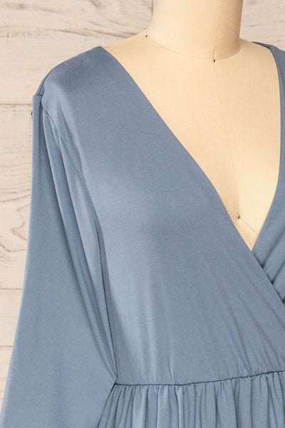 Hemili Dark Blue Wrap Neckline Short Dress | La petite garçonne side close-up