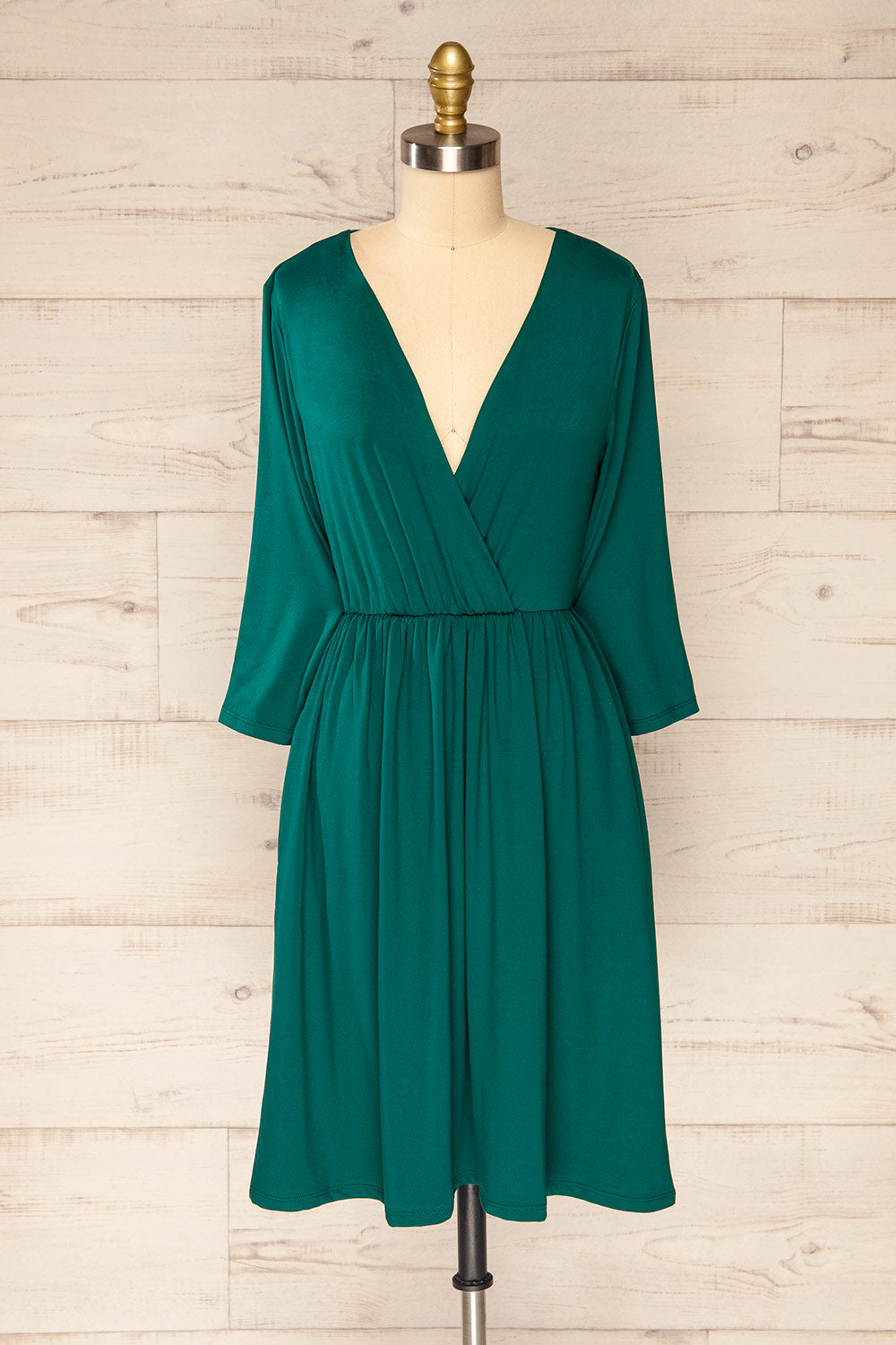 Hemili Emerald Green Wrap Neckline Short Dress | La petite garçonne front view 