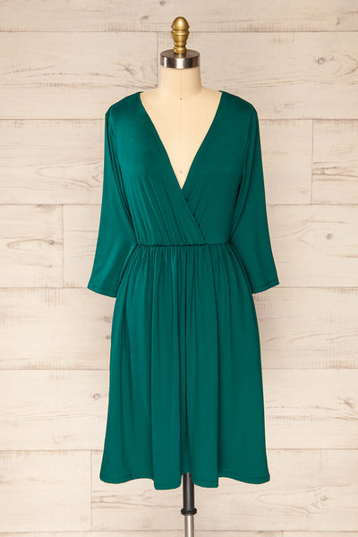 Hemili Emerald Green Wrap Neckline Short Dress | La petite garçonne front view