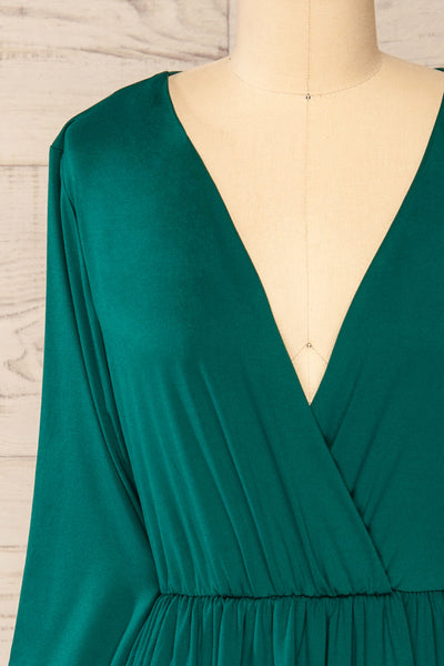 Hemili Emerald Green Wrap Neckline Short Dress | La petite garçonne front close-up