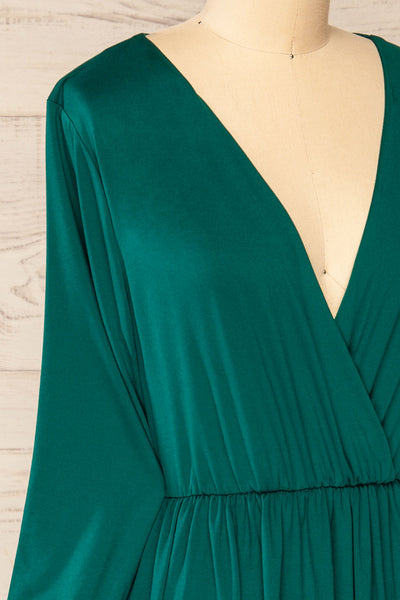 Hemili Emerald Green Wrap Neckline Short Dress | La petite garçonne side close-up