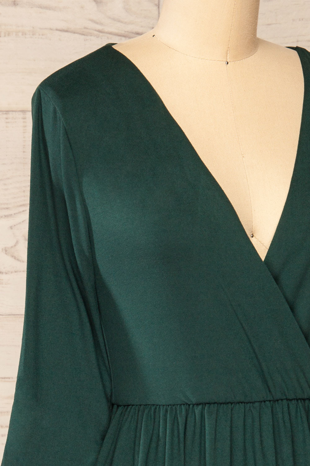 Hemili Forrest Green Wrap Neckline Short Dress | La petite garçonne side close-up