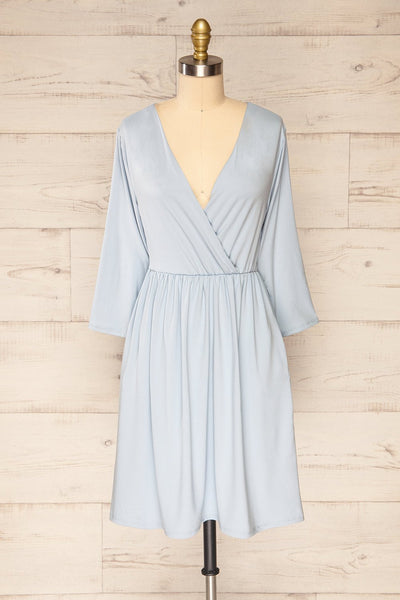 Hemili Light Blue Wrap Neckline Short Dress | La petite garçonne