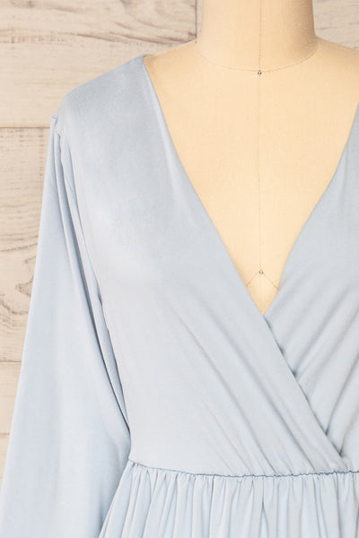 Hemili Light Blue Wrap Neckline Short Dress | La petite garçonne front close-up
