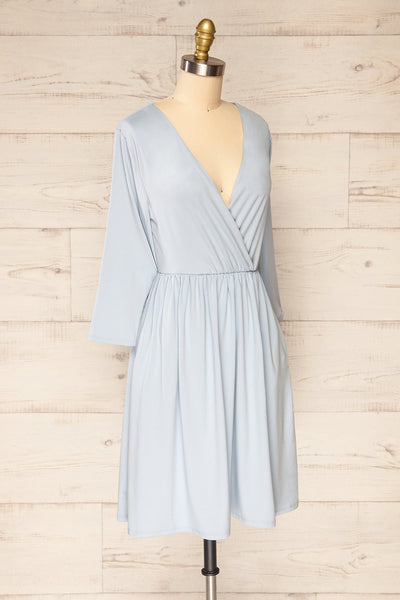 Hemili Light Blue Wrap Neckline Short Dress | La petite garçonne side view