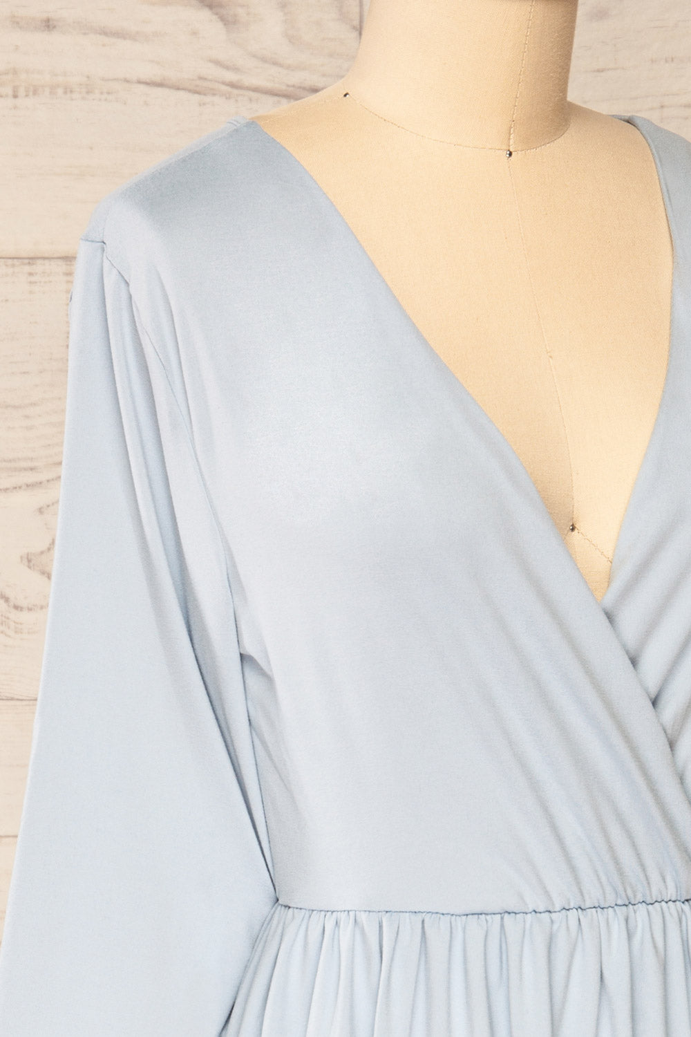 Hemili Light Blue Wrap Neckline Short Dress | La petite garçonne side close-up