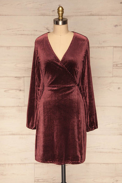 Herleen Bourgogne Red Pattern Velvet Wrap Dress | La Petite Garçonne front view