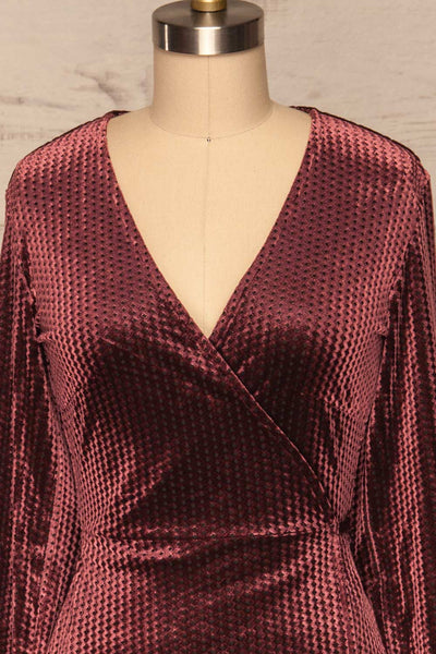 Herleen Bourgogne Red Pattern Velvet Wrap Dress | La Petite Garçonne front close-up