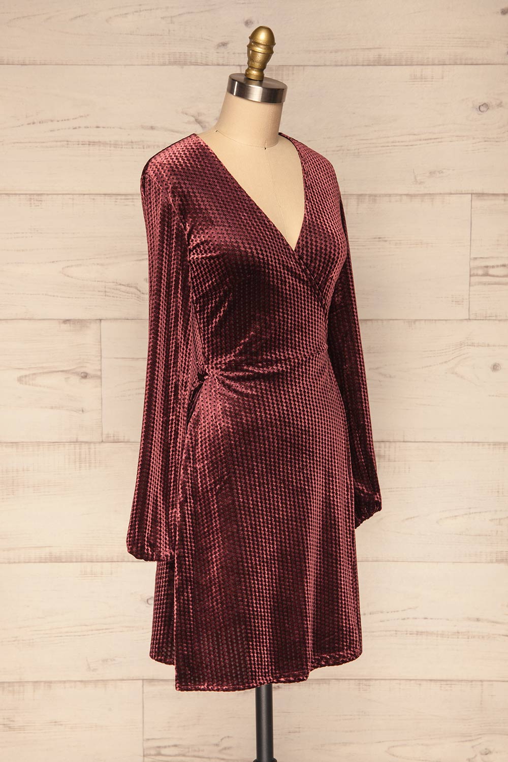 Herleen Bourgogne Red Pattern Velvet Wrap Dress | La Petite Garçonne side view 