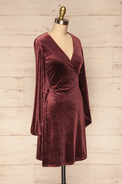 Herleen Bourgogne Red Pattern Velvet Wrap Dress | La Petite Garçonne side view