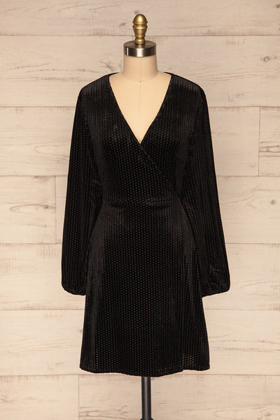 Herleen Noir Black Pattern Velvet Wrap Dress | La Petite Garçonne front view