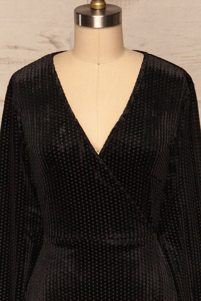 Herleen Noir Black Pattern Velvet Wrap Dress | La Petite Garçonne front close-up