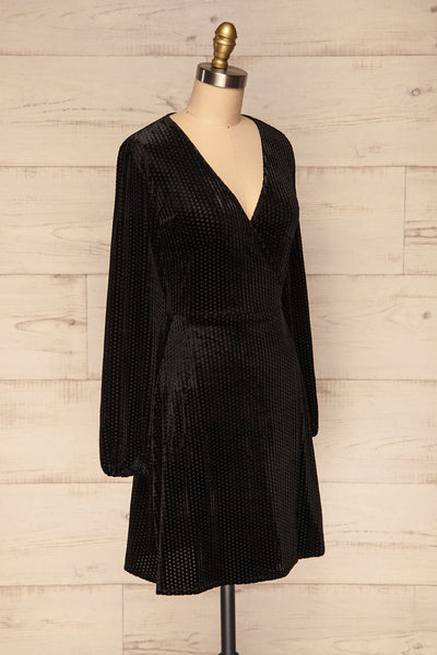 Herleen Noir Black Pattern Velvet Wrap Dress | La Petite Garçonne side view