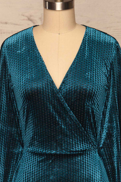 Herleen Turquoise Blue Pattern Velvet Wrap Dress | La Petite Garçonne front close-up