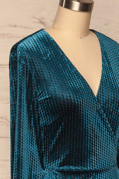 Herleen Turquoise Blue Pattern Velvet Wrap Dress | La Petite Garçonne side close-up
