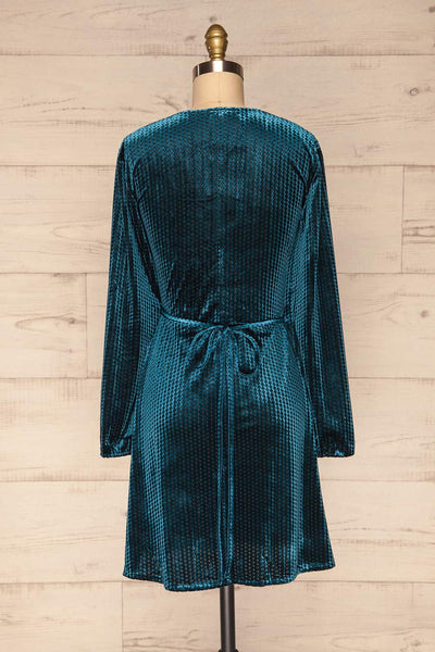 Herleen Turquoise Blue Pattern Velvet Wrap Dress | La Petite Garçonne back view