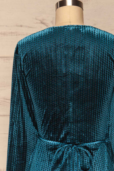 Herleen Turquoise Blue Pattern Velvet Wrap Dress | La Petite Garçonne back close-up