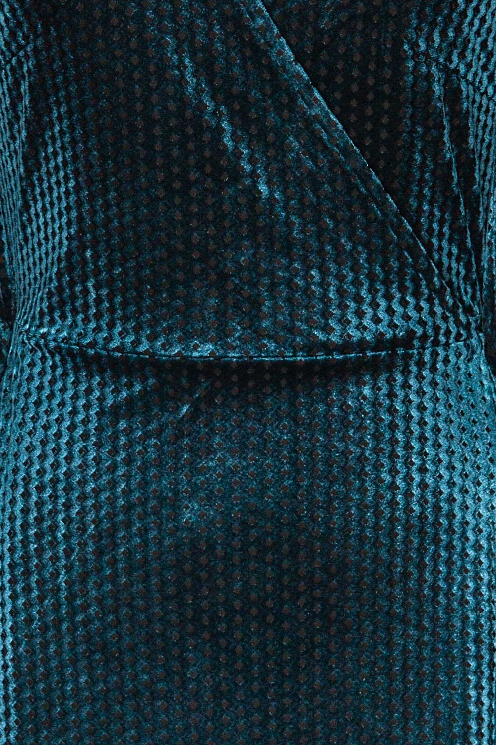 Herleen Turquoise Blue Pattern Velvet Wrap Dress | La Petite Garçonne fabric detail 