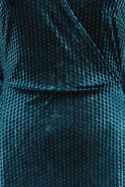 Herleen Turquoise Blue Pattern Velvet Wrap Dress | La Petite Garçonne fabric detail