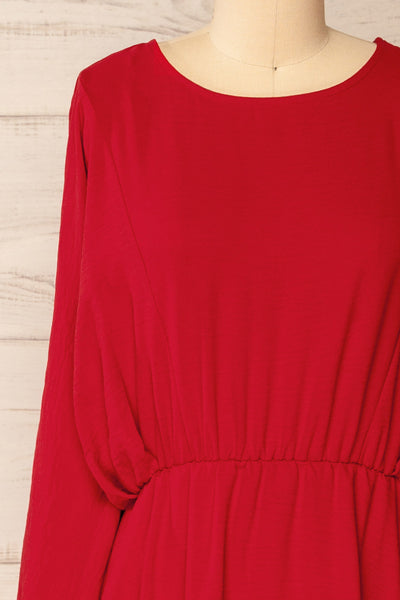 Hermanas Red Short A-line Dress w/ Long Sleeves | La petite garçonne front close-up