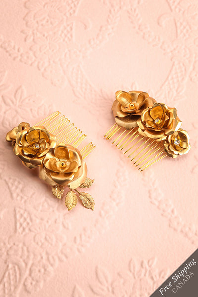 Hestiah Gold Hair Combs Set with Flowers & Leaves | Boudoir 1861