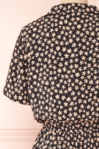Hilda Black Short Sleeves Floral Dress With collar | Boutique 1861 back close-up