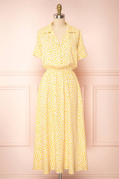 Hilda Yellow Short Sleeves Floral Dress With collar | Boutique 1861 front view