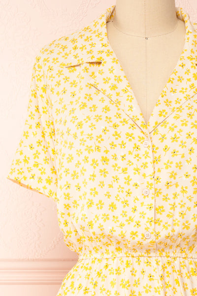Hilda Yellow Short Sleeves Floral Dress With collar | Boutique 1861 front close-up