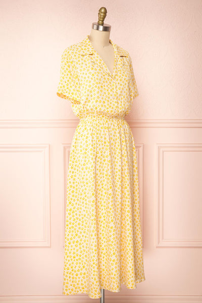 Hilda Yellow Short Sleeves Floral Dress With collar | Boutique 1861 side view