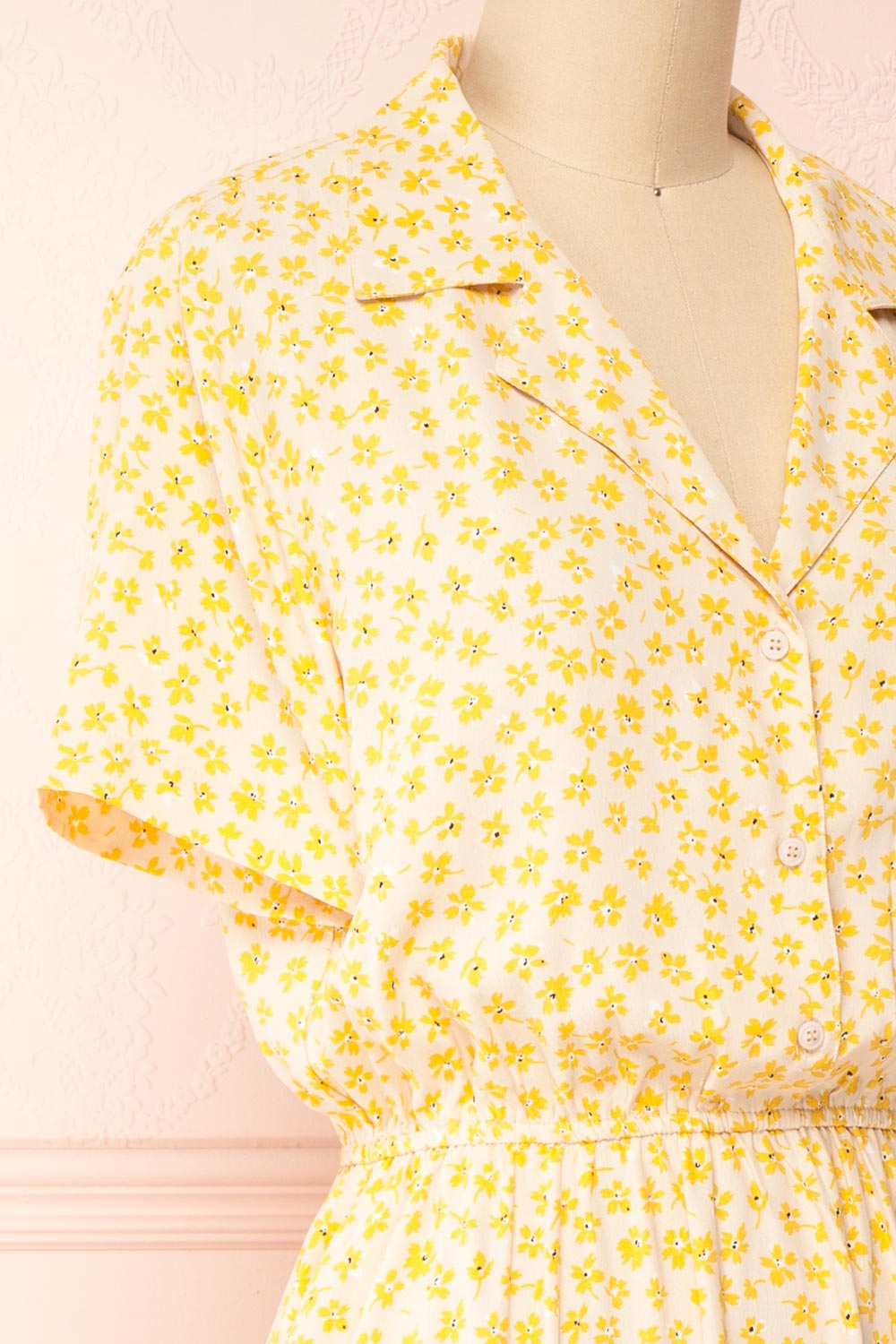 Hilda Yellow Short Sleeves Floral Dress With collar | Boutique 1861 side close-up