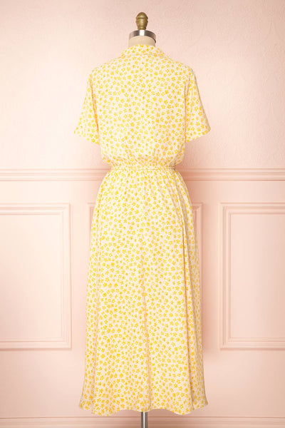 Hilda Yellow Short Sleeves Floral Dress With collar | Boutique 1861 back view