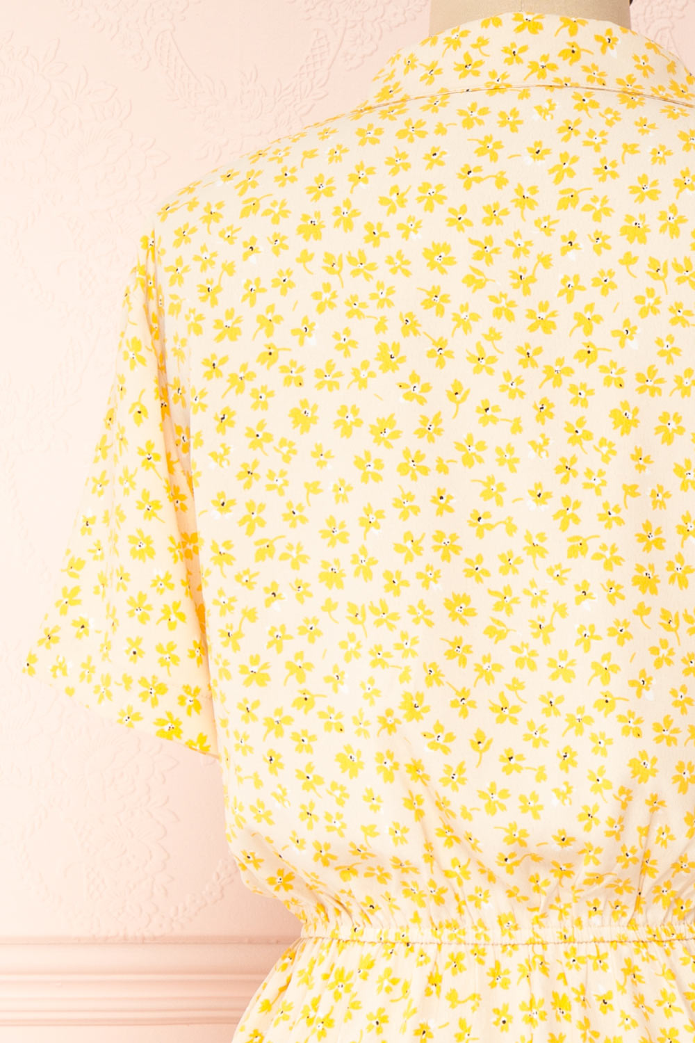 Hilda Yellow Short Sleeves Floral Dress With collar | Boutique 1861 back close-up
