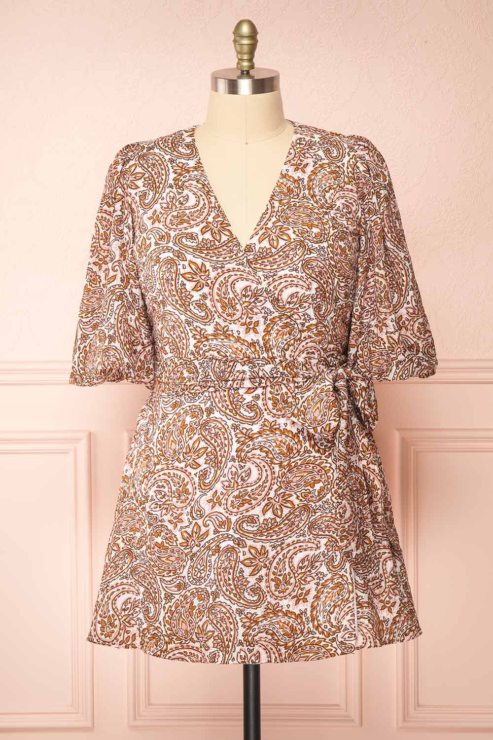 Hinata Paisley Short Wrap Dress | Boutique 1861 front plus size