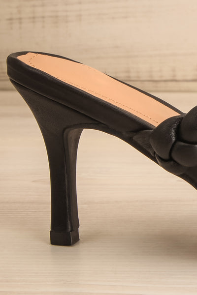 Hirna Black Faux Leather Heeled Sandals | La petite garçonne side back close-up