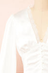 Hisoka White Satin Blouse w/ Lace Trim | Boutique 1861 front close-up