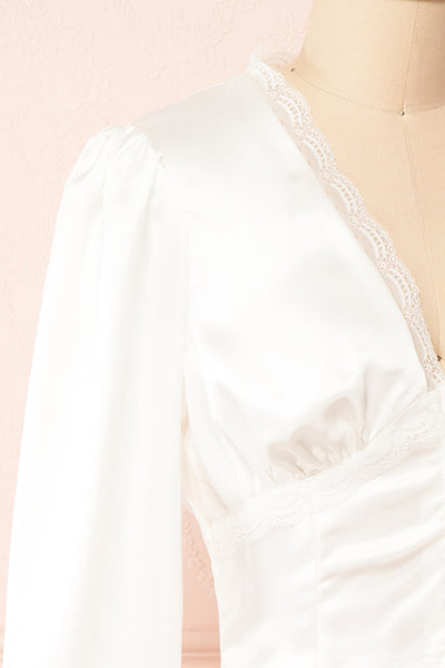 Hisoka White Satin Blouse w/ Lace Trim | Boutique 1861 side close-up
